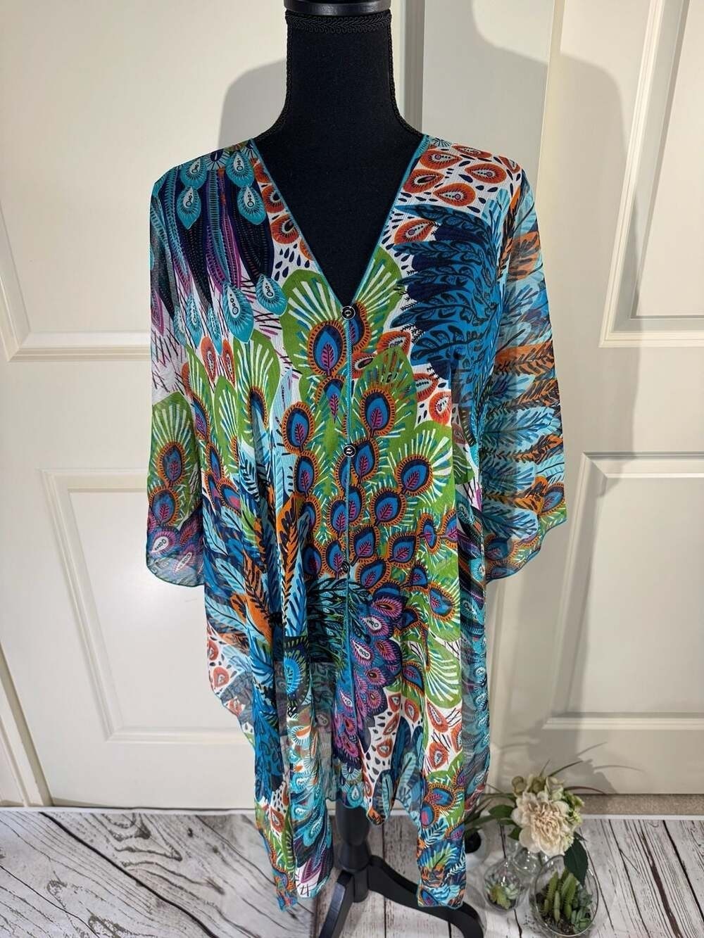 Zury Peacock Print Rayon Sheer Kimono Cover Up Free Size